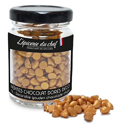 Épicerie du Chef - Pot de Pépites de Chocolat Dorés 60g - Décoration Alimentaire Professionnelle pour Pâtisseries Desserts Gâteaux Déco de Table - Chunks Chocolat Blanc - Couleur Or - EDC70006 Cover