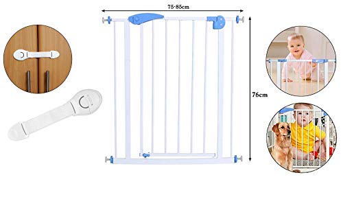 Image of Safe-O-Kid Adjustable 1-Year Warranty Baby Safety Gate (75-85 cm) Durable Metal Child Gate for Kids, Dog Gate, Baby Gate with 2 - Way Auto-Close, Secret Lock, No Drill Required (Blue)