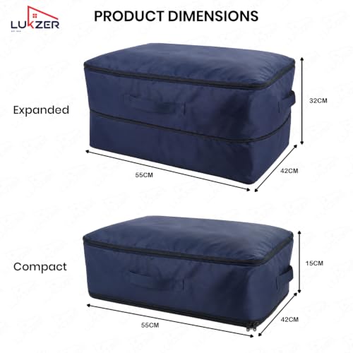 Image of Lukzer 12PC Expandable Self Compression Storage Bag for Clothes, Sarees, Blankets, Comforters & Bedding | 2 Layer Large Capacity Space Saving Wardrobe Storage Organizer | No Vacuum Needed (Nylon /Blue)