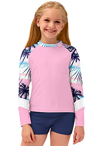 Besserbay Kid Girl's Uv Protection Rashguard Top Tropical Tree Pink Long Sleeve Swimming Shirt 7-8 Years #TOP2