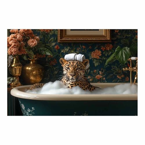 Tableau léopard baignoire déco salle de bain et bureau look moderne 70x100cm