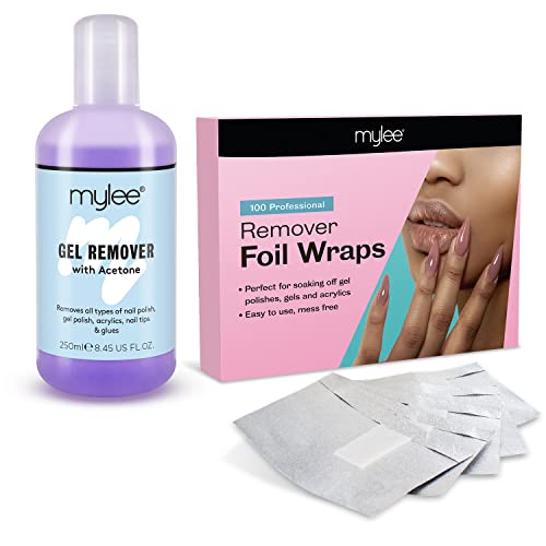 Mylee Kit de Dissolvant Gel Remover 250ml Vernis à Ongles Semi Permanent + 100 Lingettes en Coton Non Pelucheuses Pré-fixées sur Feuilles d'Aluminium, Dissolvant 100% Acétone Pure Vernis Gel UV & LED