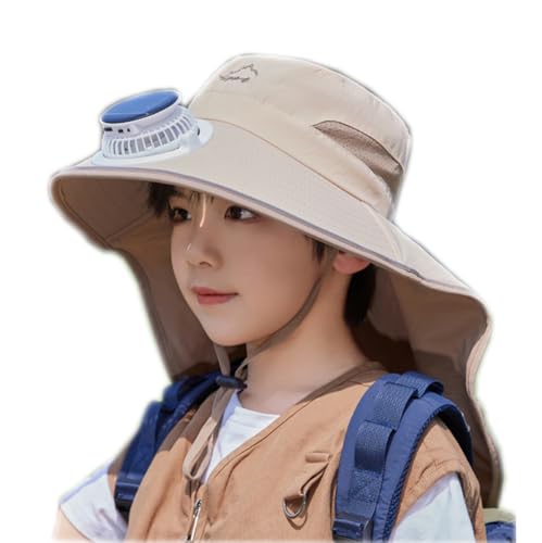 Kids USB Solar Fan Sun Hat with Neck Flap Bucket Fishing Hat Sun Protection Cap for Teens Boys Girls