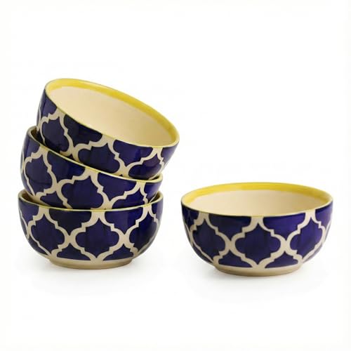 Image of ExclusiveLane 'Four Mediterranean Bowls' Ceramic Bowls for Serving Bowl Set (Set of 4, Microwave & Diswasher Safe, Each Bowl Capacity : 180 ml) |Bowl for Kitchen Snacks Serving Bowl Ceramic Snack Bowl