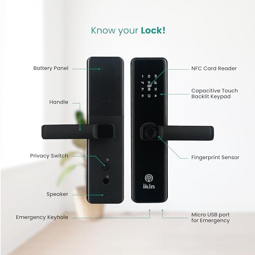 Image of IKIN Smart Door Lock | Digital Lock for Safer Homes | 6- Way Unlocking | Fingerprint | Mobile App | RFID Access | OTP Access | Pincode | Mechanical Key | Wooden Doors (Max SE + WiFi Gateway, Black)