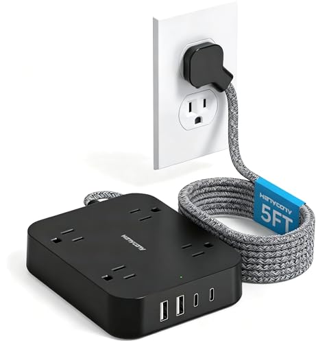 5 Ft Braided Extension Cord, Ultra-Thin Flat Plug, 4 Widely Spaced Outlets