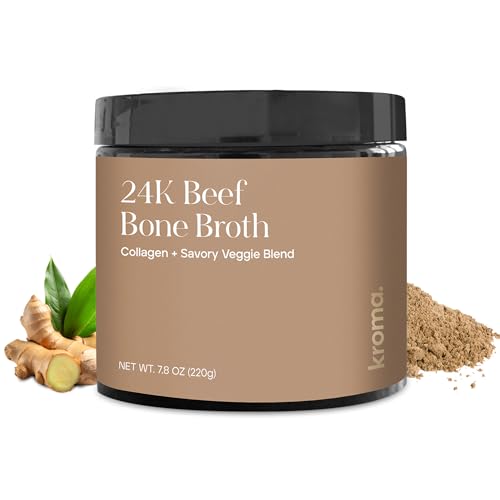 Kroma 24K Beef Bone Broth Powder - 10 Servings Jar, 7.8 Oz – 100% Grass Fed Gluten Free Powder - Collagen-Rich High Protein Broth w/Organic Ingredients - Animal Based Protein for Gut Health & Joint Support