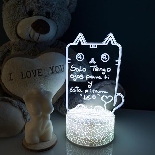 XpertHomeZ Lampara personalizada para escribir mensajes - Pizarra Led con Mando a Distancia y Rotulador - Regalo Mujer Hombre Niños - Luz de Noche Suave - Diseño de Gatito