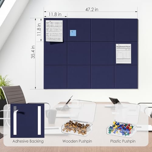 Image of MaxGear Felt Bulletin Board 48 inch x 36 inch, Dark Blue Felt Wall Tiles Wall Decor