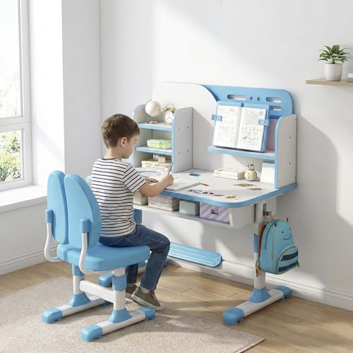 Autrfso Kids Ergonomic Desk and Chair Set, Height Adjustable School Study Table with Bookshelf, Drawer and Spine Support Backrest, Kids Desk and Chair for Bedroom&Study Room (Blue)