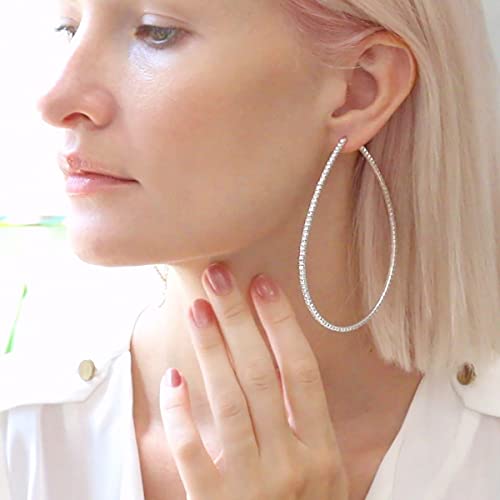 Humble Chic Rhinestone Hoop Earrings For Women, Simulated Diamond Teardrop Hoops Jewelry, Extra Large Big Huge Bling Ear Jackets, Long Sparkly Pave Thin Cz Drop, Silver Tone - 3.5" Xxl #TOP7