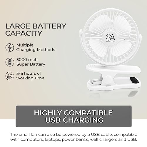 SA Products Clip On Fan, Desk Fan, Stroller Fan 3 Speeds | Desk Fan USB, Small Fan Portable Fan with 360° Rotation Cooling fan | 3000 mAh Battery Fan Pram Fan Clip On | USB Fan Baby Fan for Pram White