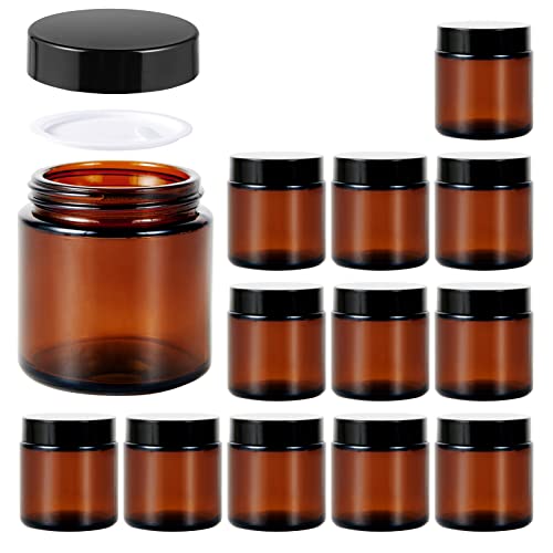 4oz Jars with Lids, Hoa Kinh 12 Pack Amber Glass Jars with Lids Empty Cosmetic Containers Round Airtight Glass Jar with Inner Liners and black Lid for Storing Lotions, Powders, and Ointments by 11 Hoa Kinh - Used condition - US$20.39