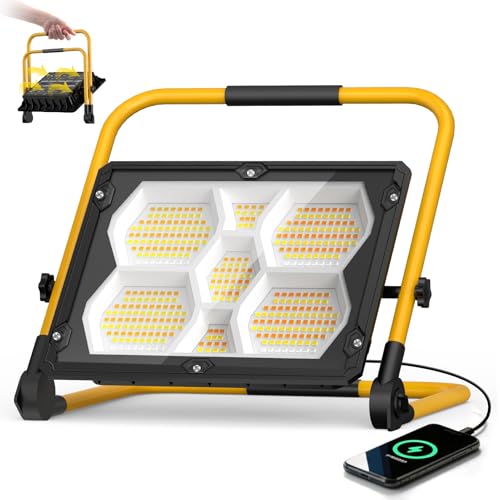 Viugreum150W-Faro Led Ricaricabile, 15000LM Faretto a Batteria con supporto, pannello solare/4 modalità di luce, IP66 impermeabile Faretto LED da costruzione Portatile perofficina, cantiere, campeggio