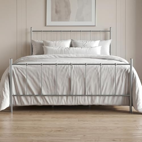 HOME DESIGN Calhoun Queen Metal Platform Bed Frame, Spindle Headboard and Footboard, No Box Spring Required, Silver Gray