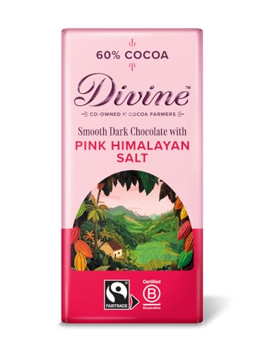 Divine 60% Cocoa Dark Chocolate with Pink Himalayan Salt 90g Bar Fairtrade Dark Chocolate Sweet & Salty Ethical Premium Chocolate