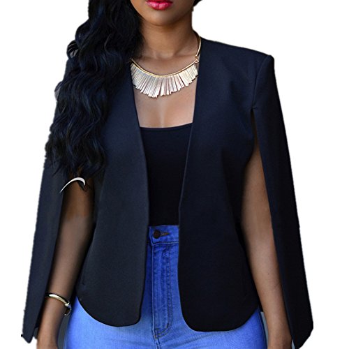 Cresay Women's Open Slit Sleeve Suit Casual Cape Blazer Jacket-Black-M
