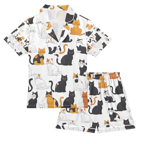 senya Cat Balck with White Satin Summer Pajama Sets Silk Short Sleeve Button Down Sleepwear