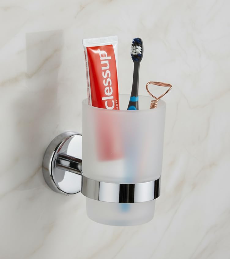 Image of Premium SUS 304 Stainless Steel Toothbrush Holder with Frosted Glass Tumbler - Wall Mounted Bathroom Toothpaste & Shaving Kit Organizer, Rustproof Chrome Finish (Round-29)