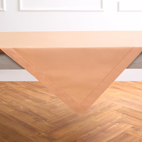 Solino Home Cotton Linen Tablecloth 52 x 52 Inch - Hemstitch Peach Bloom Square Tablecloth - Machine Washable Table Throw