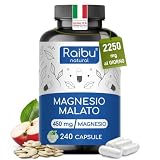 Magnesio Malato 2250 mg al Giorno - 240 Capsule Vegane - 450 mg di Magnesio Elementare - Normale Metabolismo Energetico, Stanchezza e Funzione Muscolare - Elevata Biodisponibilità, Senza Additivi