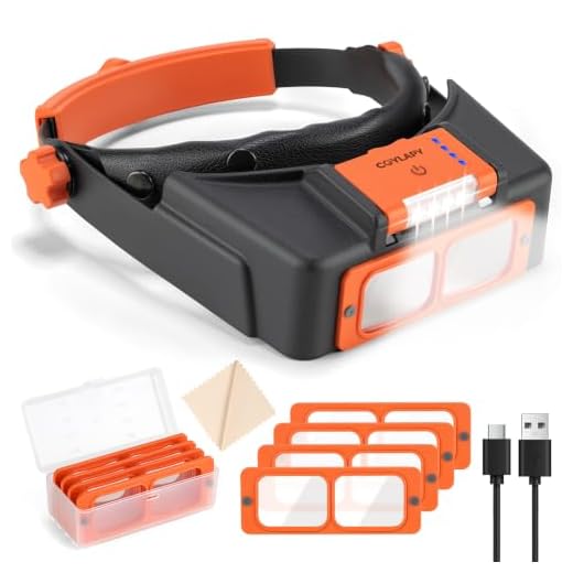 Headband Magnifier with Light, Rechargeable Magnifying Glasses for Close Work, 1.5X - 3.5X Magnify Headset with 4 Lenses, Jewelers Magnifying Glass Loupe Visor for Reading,Crafts, Hobby