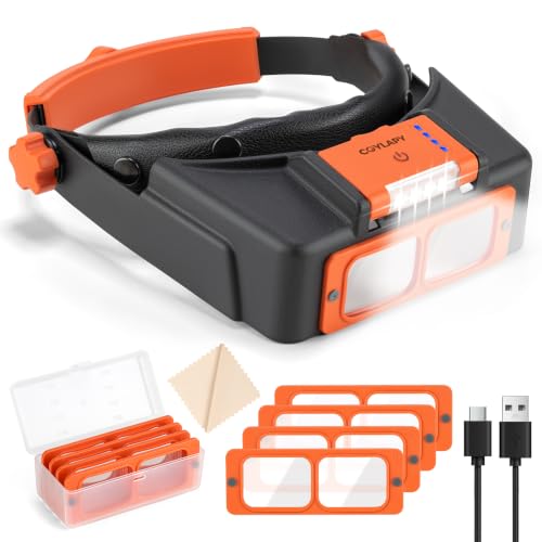 Headband Magnifier with Light, Rechargeable...