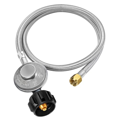GasSaf 6 Feet Propane Regulator and Hose Universal Grill Regulator Replacement with Stainless Steel Braided Hose for QCC1 Low Pressur LP Gas Grill, Heater and Fire Pit Table,3/8" Female Flare Nut by GasSaf - Used condition - US$18.41
