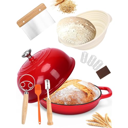 GFTIME Casseruola in ghisa per pane, casseruola con coperchio, 5 quart olandese, pentola per pane con cestello di lievitazione, monopettino, frullatore per impasto, pentola in ghisa per cucina stufare