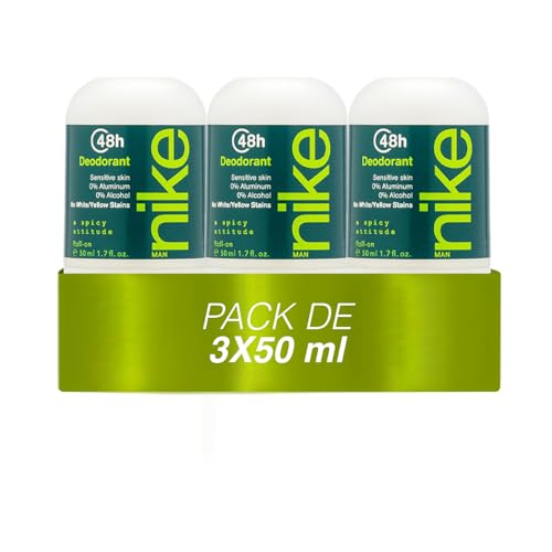 NIKE - A Spicy Attitude Pack de 3 x 50 ml, Desodorante Hombre Roll-On, Desodorante Antimanchas para Piel Sensible, 0% Alcohol y 0% Sales de Aluminio, de Larga Duración, Fragancia Cítrica Aromática