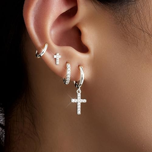 Image of Small Gold Huggie Hoop Earrings Set for Women Men Hypoallergenic 14K Plated Stack Cartilage Earrings, Sterling Silver Multiple Piercing Lightweight Mini Thin Cute Dainty Trendy Jewelry Gifts for Women