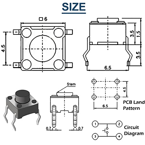 DAOKAI Miniatur-Mikro Schalter,4 Pin Tactile Drucktaster 6x6x5mm Momentaner taktiler Button Switch berühren Electronic Components,für Panel PCB(100 Stück)