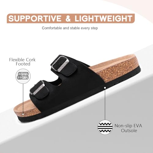 Image of FITORY Womens Flat Sandals with Cork Footbed, Open Toe Arch Support Slides Adjustable Slip On Slippers for Summer 2026 Size 6-11