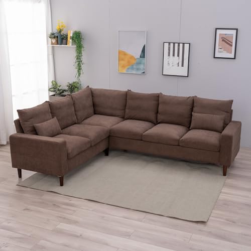 Panana 6 Seater Corner Sofa Couch Settee Fabric Sofa Living Room Sofa with Wood Legs and 2 Free Cushions, Brown - Image 5
