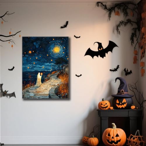 Tableau Halloween lanterne fantôme sans cadre pour changer de décor facilement