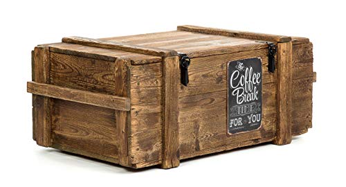 Voyage Vieux Coffre Table basse Cottage cuiseur vapeur Coffre en pin avec vintage Tin Sign Hauteur?: 45 cm Profondeur?: 60 cm Largeur?: 110 cm