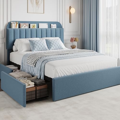 GarveeHome Full Bed Frame with Storage Headboard, Kids Bed Frame with 2 Drawers, Boucle Upholstered Platform Bed with Bookcase, No Box Spring Needed, Easy Assembly, Blue