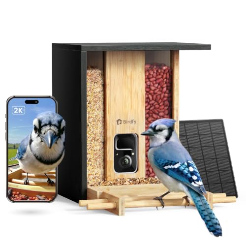 NETVUE by Birdfy Bamboo Feeder with Camera, Solar Powered, 2K Live Stream, AI Bird Identification, Motion Detection, Wooden Bird Feeder for Birdwatching, for Bird Lovers