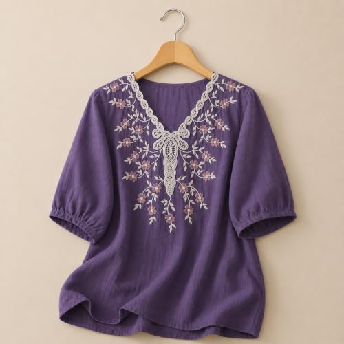Image of RIEKA Womens Embroidered Korean Style Tunic Top, Floral Thread Work | V Neck | Puff Sleeves | Relaxed Fit Casual | Fusion Rayon Top for Every Day Styling