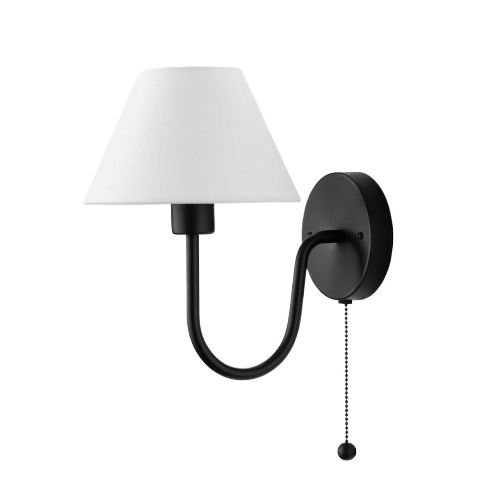 SEMANHUA czarna lampka nocna do czytania nowoczesna lampa do wnętrz w stylu vintage z przełącznikiem łańcuchowym i abażurem z białej tkaniny, metalowe kinkiety ścienne E27 z połowy wieku