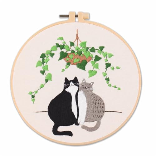 Meecaa Black White Cat Greenery Pet Embroidery Kit Starter Set, Hand Embroidery Set,Pattern Printed Cross Stitch Set for Beginner Adults, with Embroidery Hoop and Instructions (Black White Cat)