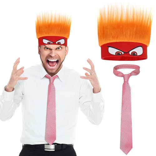 Pextian 2Pcs Halloween Anger Costume Adult, Halloween Cosplay Costume Include Hairy Headband Red Textured Tie for Cosplay Angry Dress up Party Supplies