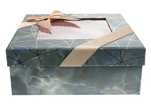 Emartbuy Rigid Quadrato Luxury Presentation Gift Box, 17.5 cm x 17.5 cm x 6.5 cm, Effetto Marmo Blu/Grigio Con Linee Oro Origami, Interno a Scacchi Rosa, Top Trasparente e Fiocco in Raso