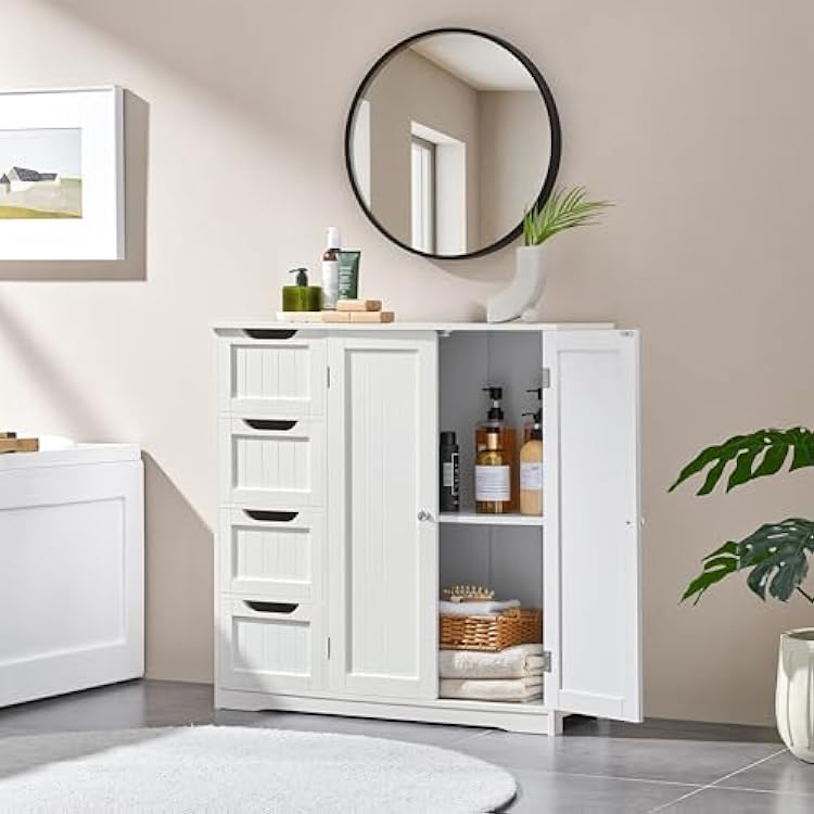 Yaheetech Wooden Bathroom Floor Cabinet, Side Storage Organizer Cabinet with 4 Drawers & Double Doors, Freestanding Entryway Storage Unit Console Table, Bathroom Furniture Home Decor, White