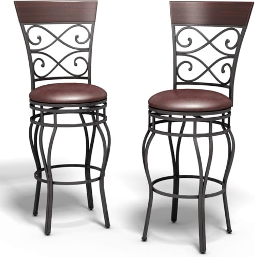 HOMGX Set de 2 Butacos de Barra Altos con Giro 360 Grados, Retro, Asiento y Respaldo Piel Acolchados, Sillas Vintage para Cocina, Pub, Restaurante, Patio miniatura 1