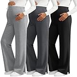 Sweetyweee 3 Pack Women's Maternity Pants, Over The Belly Pregnancy Sweatpants, Wide Leg Lounge Bottoms with Pockets(Light Gray, Dark Gray, Black,Large)