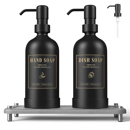 Luxspire Seifenspender Set, Handseifenspender mit Ersatz-Pumpenköpfen, 500ml Glas Nachfüllbare Flüssigkeitsflasche für Bad & Küche, Küche, 2 Packungen, Schwarz + Dunkelgrau 1