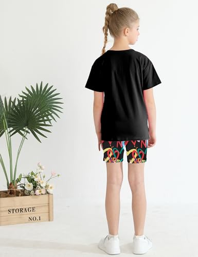 Image of mksodop Girls Summer Clothse Graphic Letter Print Front and Back High and Low Irregular T-shirt + Cycling Shorts Set
