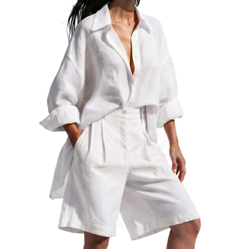 Mucpad 2 Piece Linen Short Set for Women Summer Outfits Long Sleeve Button Down Blouse and Shorts Sets (White M)