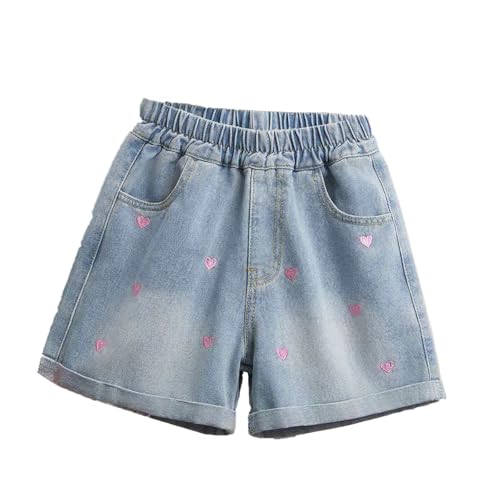 Image of High Waist Girls Denim Shorts for Summer, Button-Front Casual Fashion Short Pants with Frayed Hem, Soft Stretch Denim for Toddler Kids Ages 3-10 (Blue, 5-6 Years)